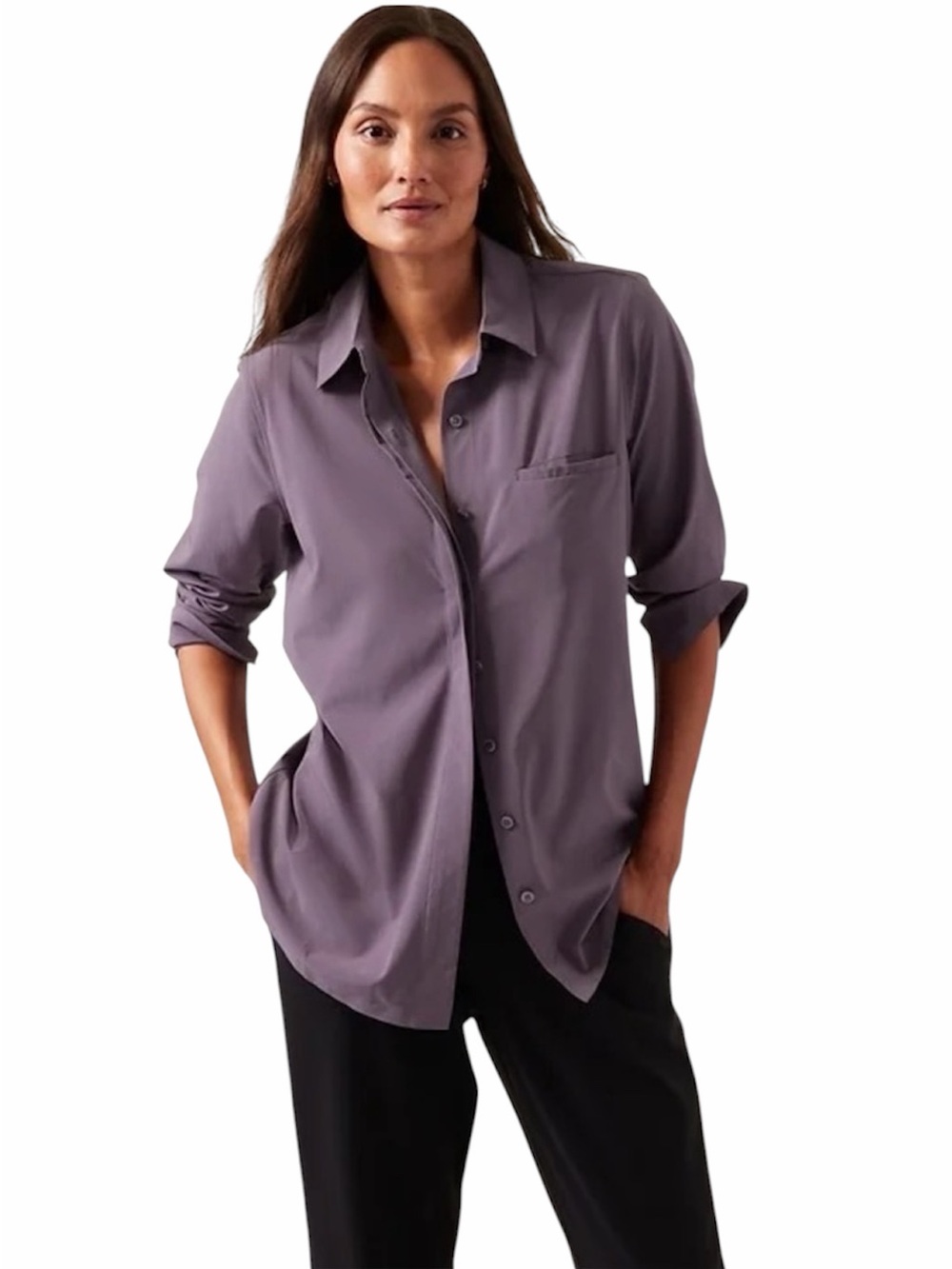 Athleta | Womenโs Purple Urbanite 2.0 Button Down Shirt Size Large